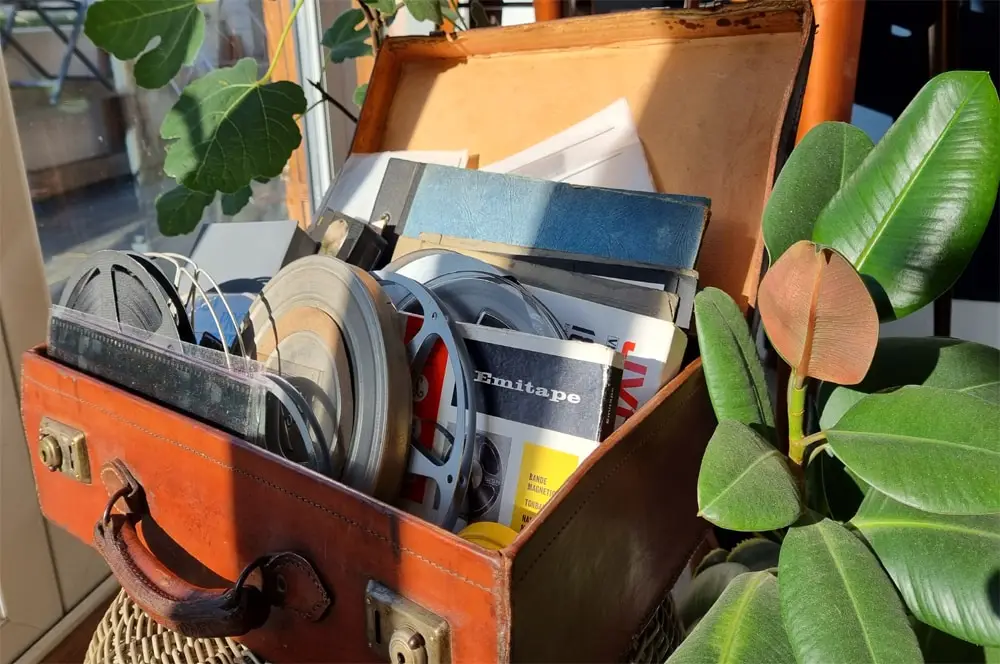 Red briefcase with a mix of cine films and photo albums with greenery around it.