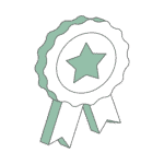 Simple icon of an award badge featuring a star and two ribbons.