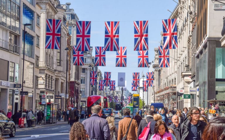 Shopping Street, Westminster, with Union Jacks, London