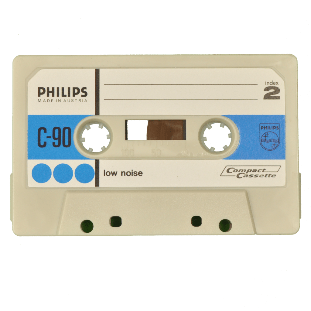 blue and white compact cassette . made by Philips
