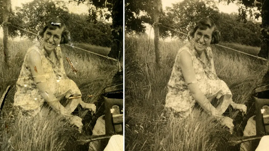 Before and after of a restored and repaired image.