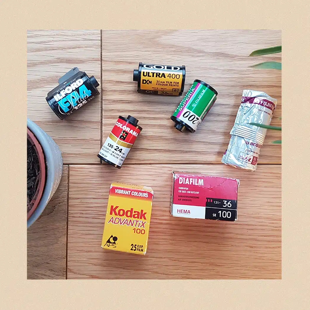 Close up of various undeveloped 35mm rolls of film - Film Developing Near Me