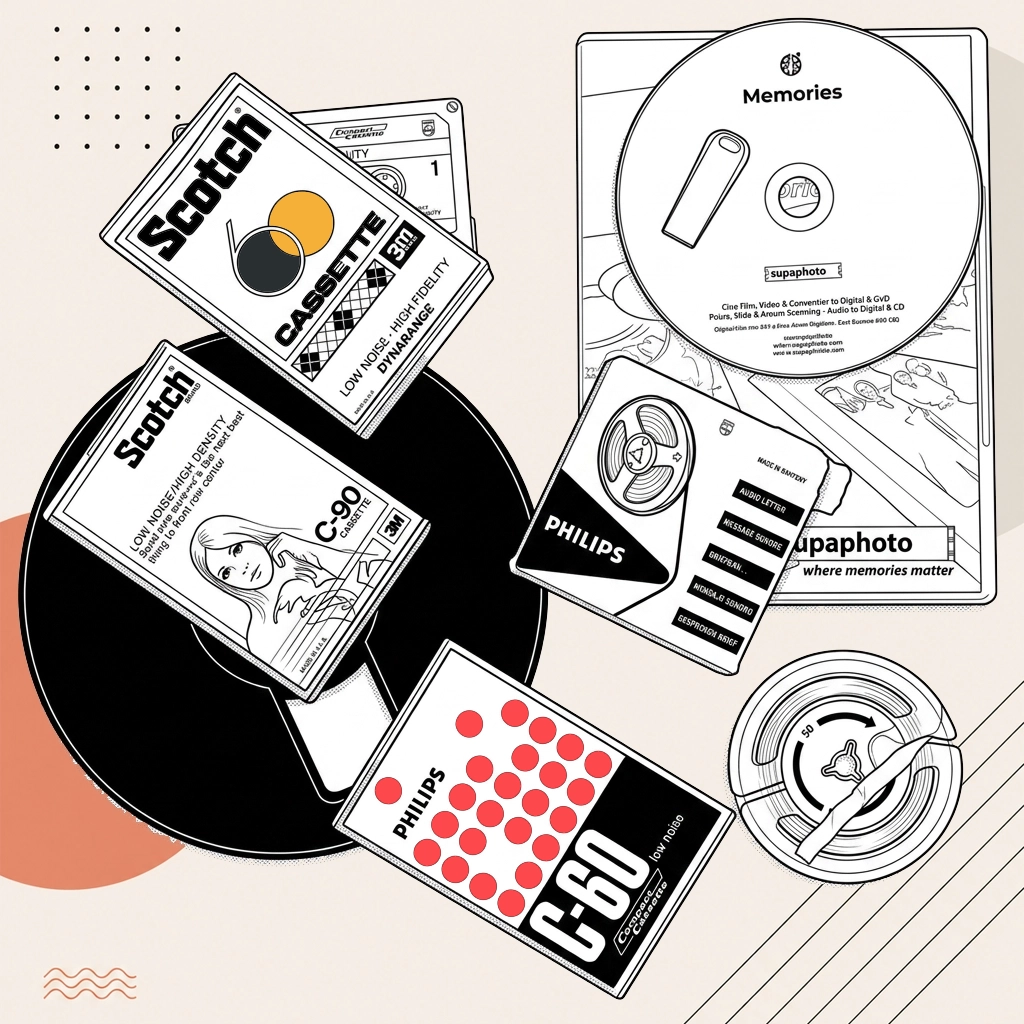 Stylised audio media formats layed out on table.