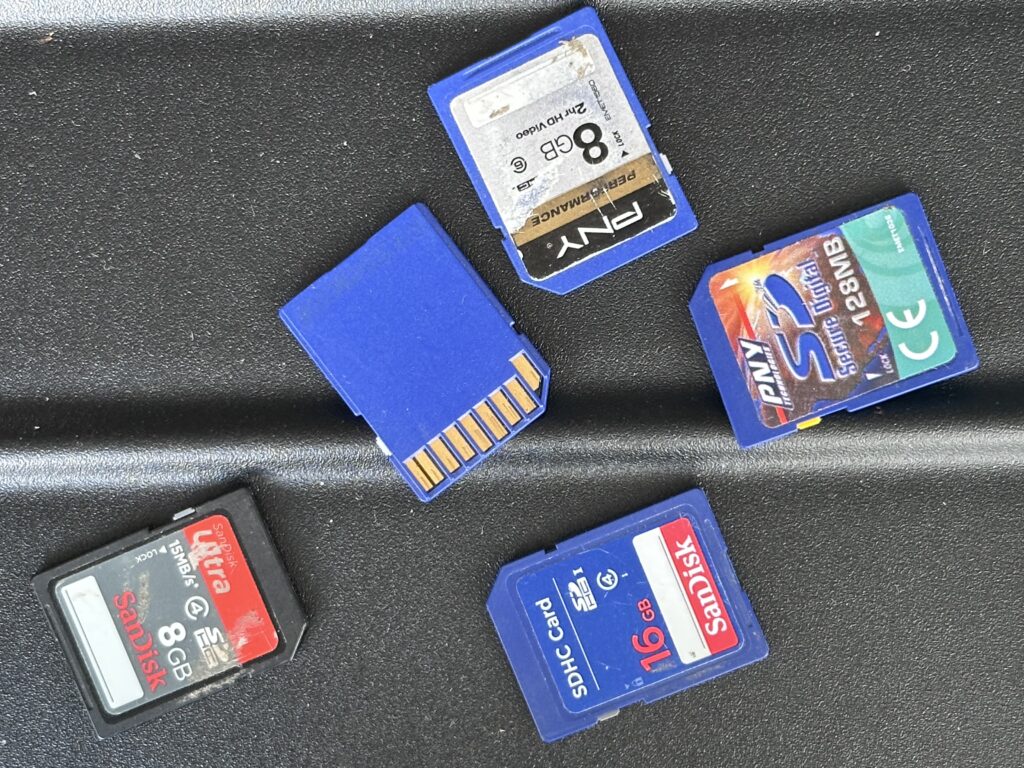 SD cards layed out on a table.